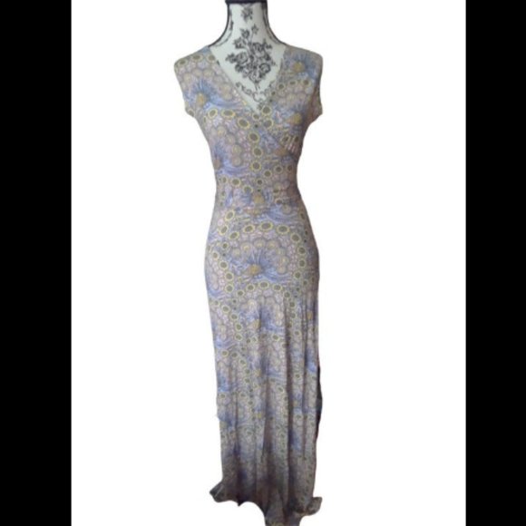 Leota Boho Maxi Dress Lilac Yellow Pastel Flowers and Peacocks Size XS *Easter* - Picture 2 of 7